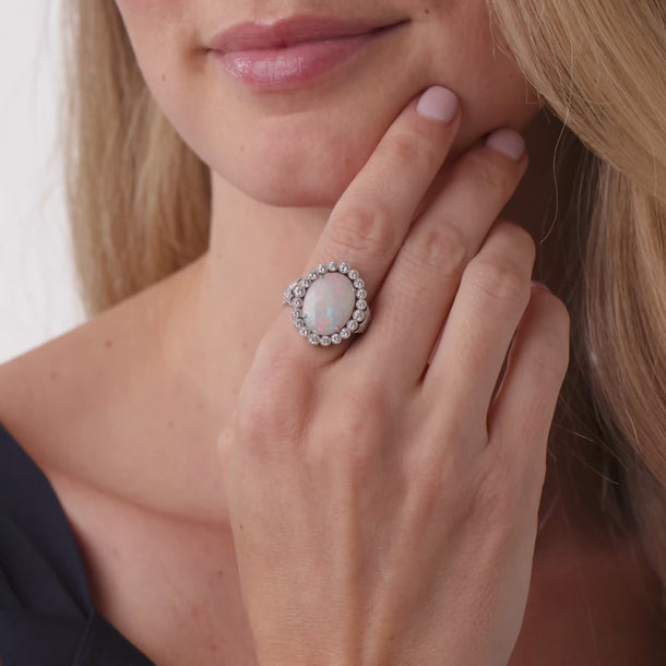 Vintage opal diamond 14k white gold cluster ring