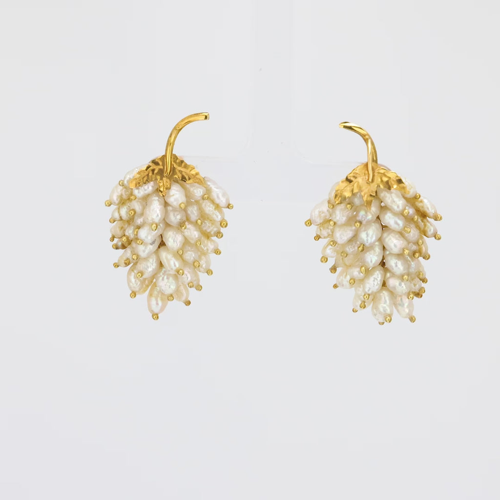 Vintage pearl 18k yellow gold grape leaf earrings Jack Weir & Sons