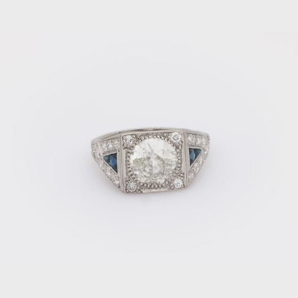 Art Deco GIA 2.11 carat diamond sapphire platinum engagement ring