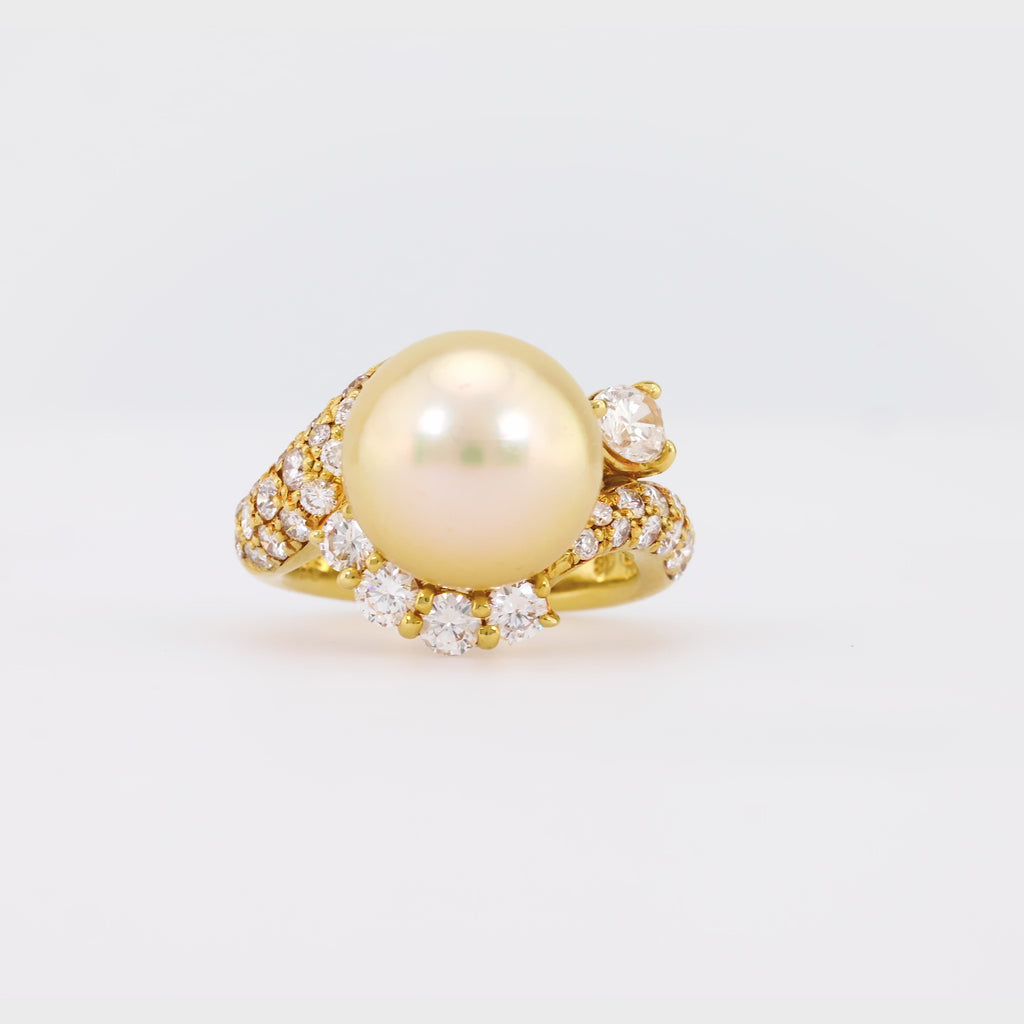 Vintage Pearl Diamond 18K Yellow Gold Cocktail Ring