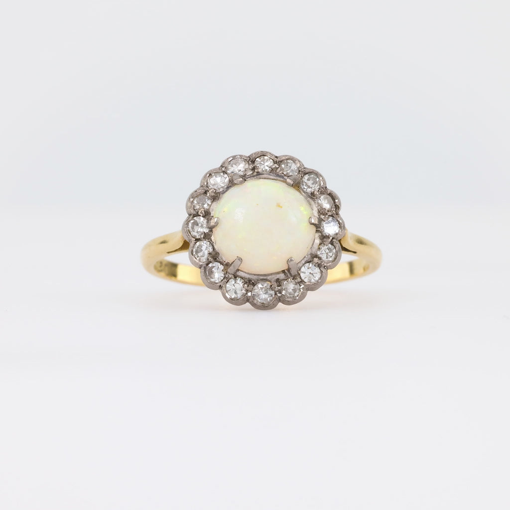 Edwardian Cabochon Cut Opal Diamond 18K Yellow Gold Cluster Ring