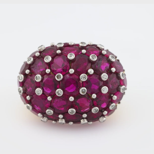 Mid Century 22 carat total weight ruby diamond 18k yellow gold cocktail ring Jack Weir & Sons