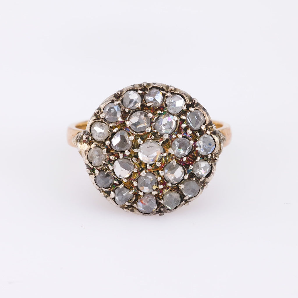 Antique Rose Cut Diamond 18K Yellow Gold Silver Circular Ring