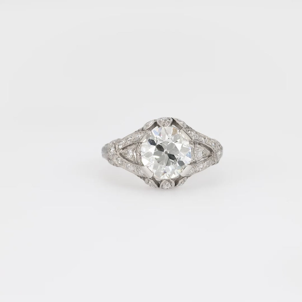 Art Deco GIA 1.67 carat circular brilliant cut diamond platinum filigree ring Jack Weir & Sons