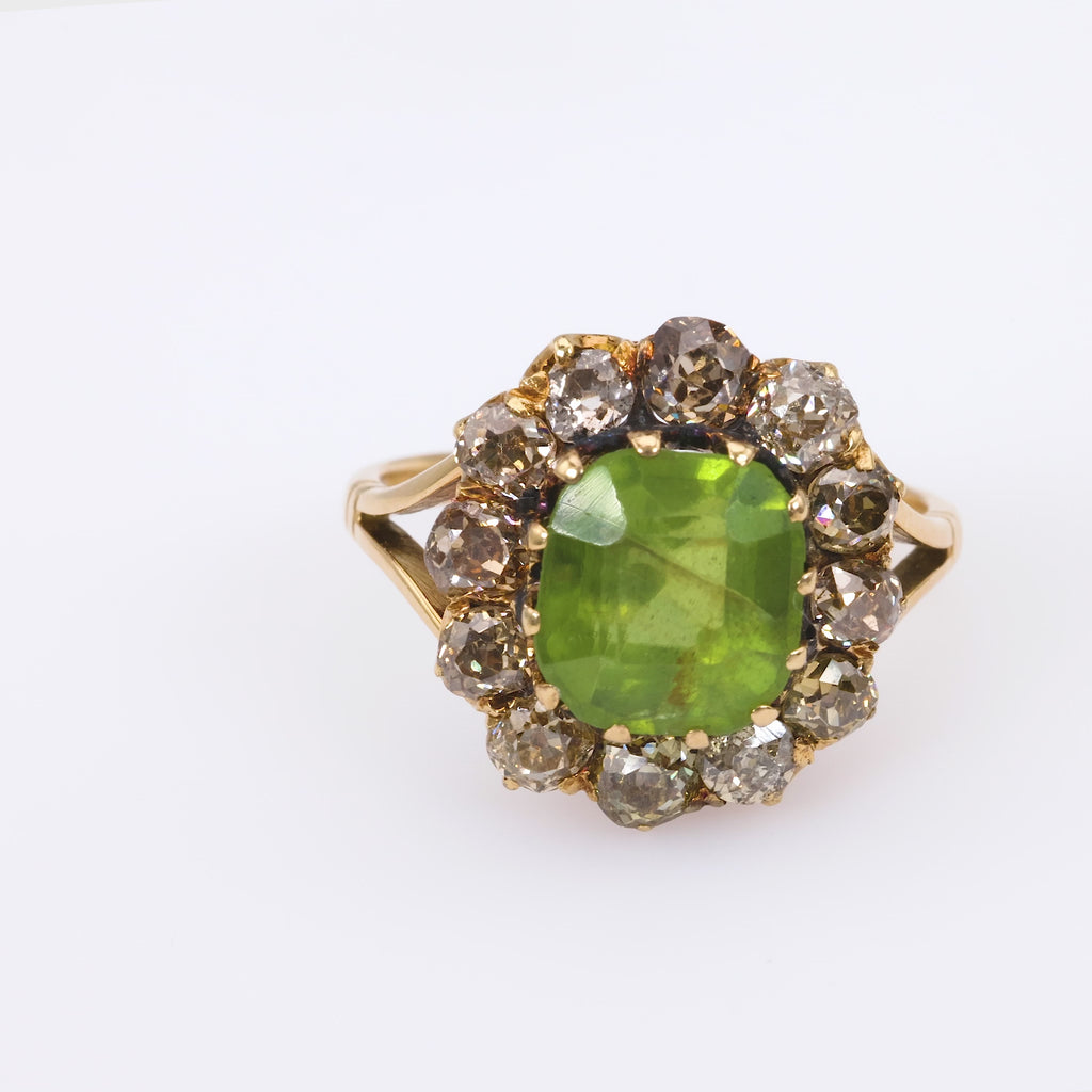 Victorian Peridot Fancy Brown Diamond 18K Rose Gold Cluster Ring