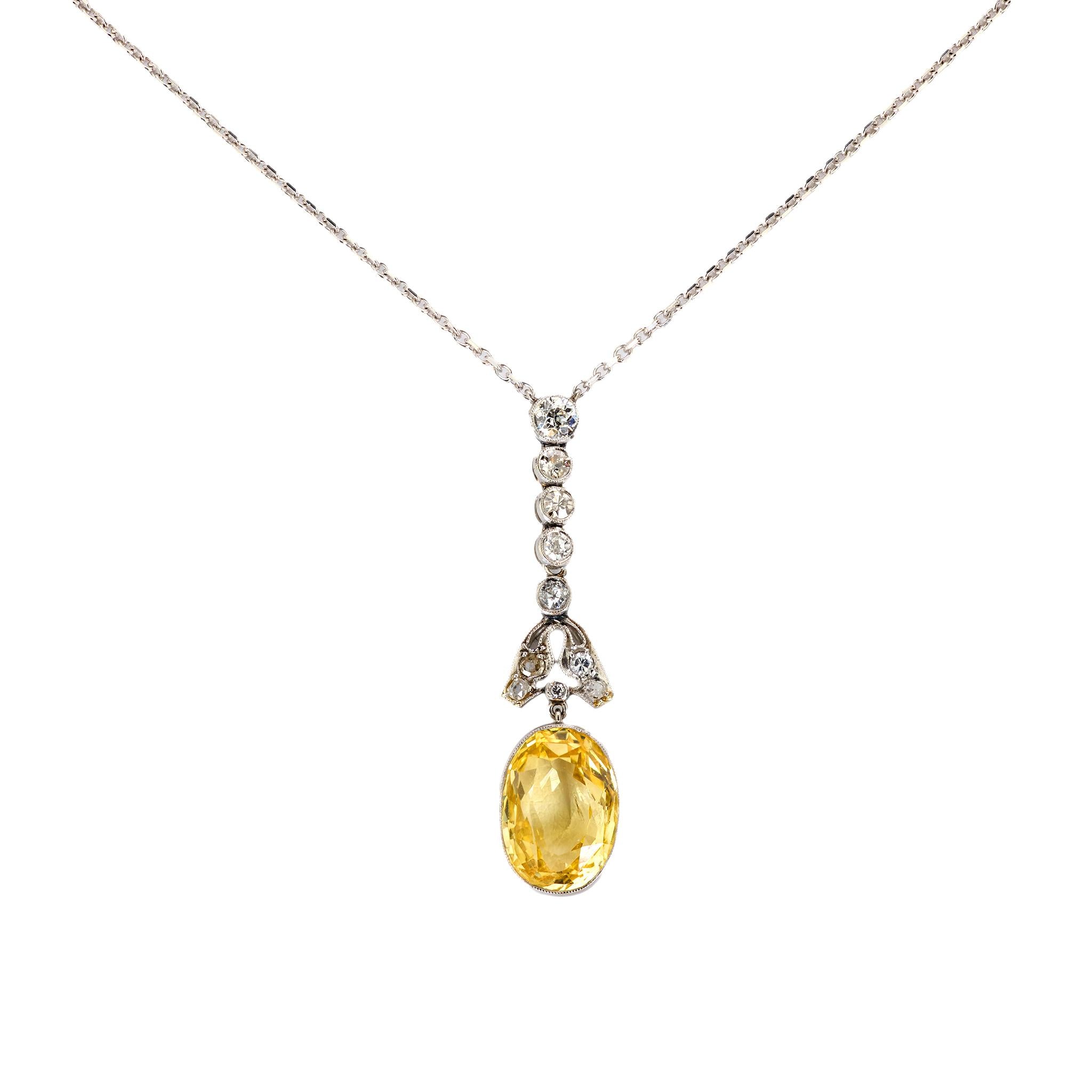 Edwardian GIA 5.80 carat yellow no heat sapphire diamond 14k white gold necklace Jack Weir & Sons