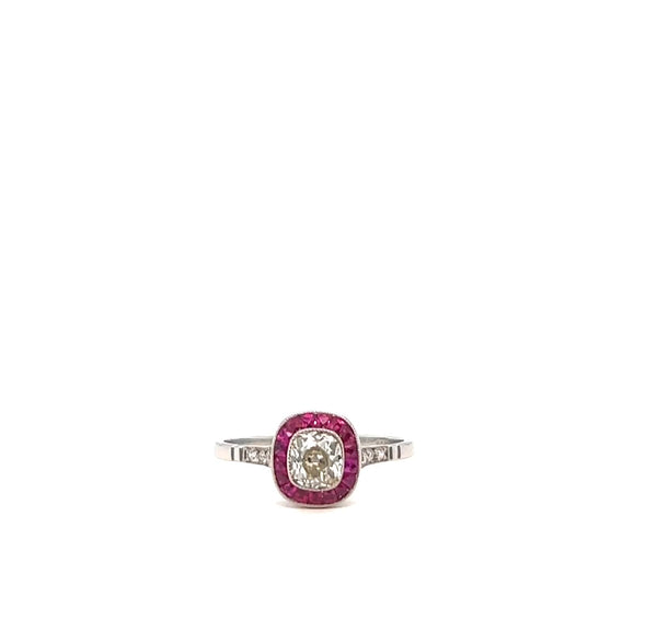 Art Deco Inspired Diamond Ruby Platinum Engagement Ring