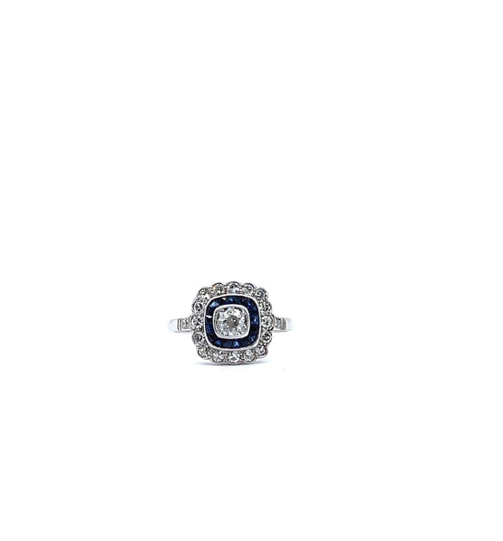 Art Deco Inspired Old Mine Cut Diamond Sapphire Halo Ring