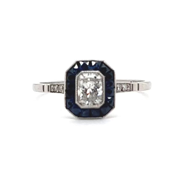 Art Deco Inspired Diamond Sapphire Halo Engagement Ring Rings Jack Weir & Sons   