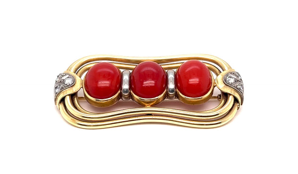 Vintage Oxblood Coral Diamond 14 Karat Yellow Gold Brooch Brooches Jack Weir & Sons   