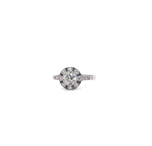装饰艺术风格旧欧式切割钻石蓝宝石铂金光环戒指