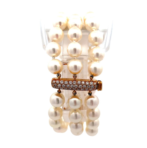 Bracelet à trois brins en or jaune 18 carats avec perles et diamants vintage