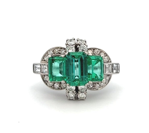 Art Deco Inspired Emerald Diamond Platinum Cocktail Ring