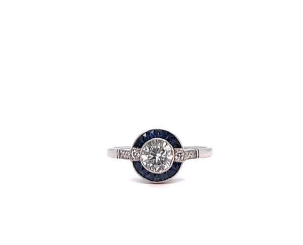 装饰艺术风格钻石蓝宝石铂金订婚戒指