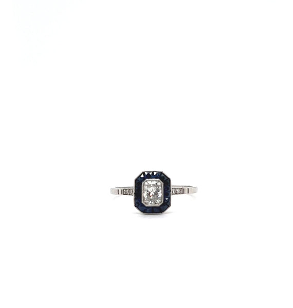 Art Deco Inspired Diamond Sapphire Halo Engagement Ring