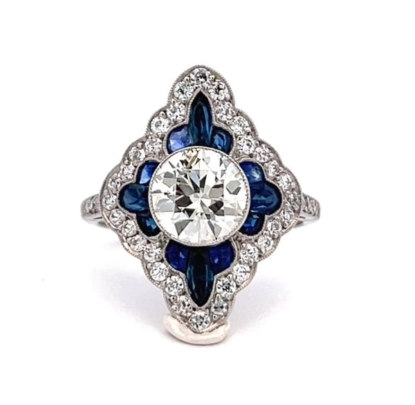 Bague en platine et saphir diamant taille transitionnelle d'inspiration Art déco de 1,53 carats