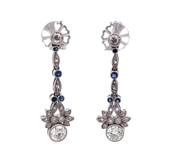 Art Deco Inspired Diamond Sapphire Platinum Earrings