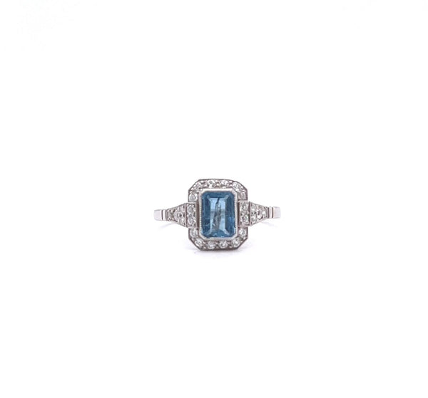 装饰艺术风格海蓝宝石钻石铂金戒指