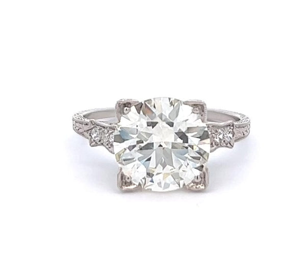 Art Deco Inspired GIA 3.50 Carats Round Brilliant Cut Diamond Platinum Ring