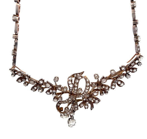 Antique French Rose Cut Diamond 18 Karat Rose Gold Silver Necklace
