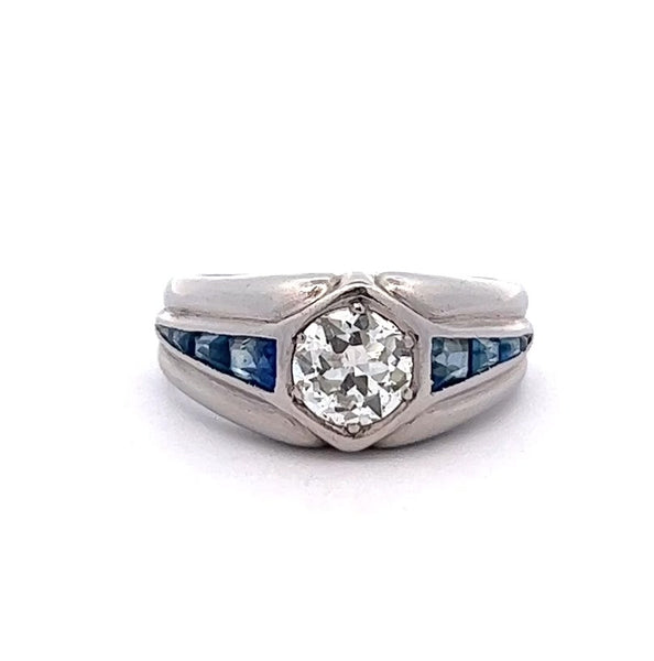 装饰艺术钻石蓝宝石铂金包边镶戒指