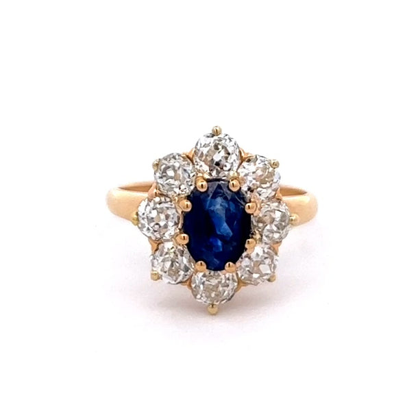 Edwardian GIA 1.41 Carats Kashmir No Heat Sapphire Diamond 18k Gold Cluster Ring