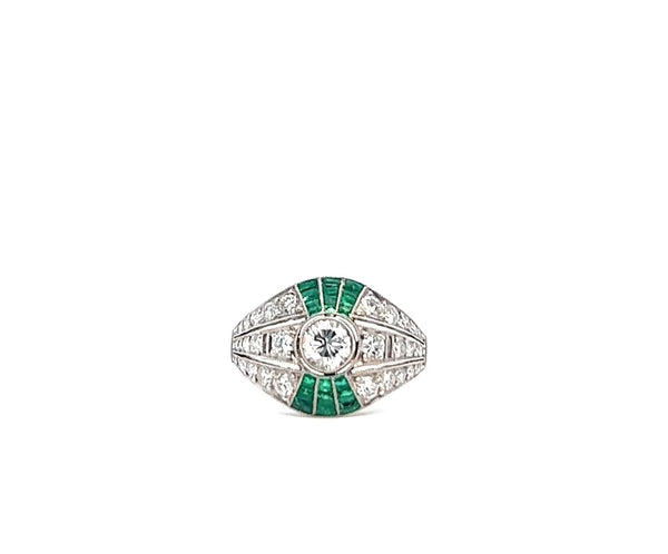 Art Deco Inspired Diamond Emerald Platinum Filigree Ring