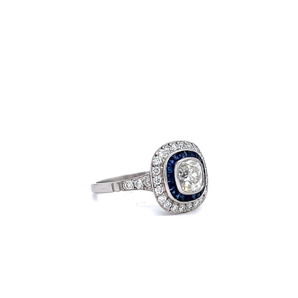 Art Deco Inspired 0.99 Carat Old Mine Cut Diamond Sapphire Platinum Target Ring