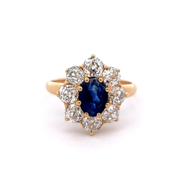 Edwardian GIA 1.41 Carats Kashmir No Heat Sapphire Diamond 18k Gold Cluster Ring Rings Jack Weir & Sons