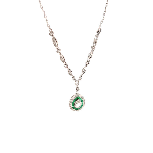 Art Deco Inspired 0.10 Carat Pear Shape Diamond Emerald Platinum Drop Necklace