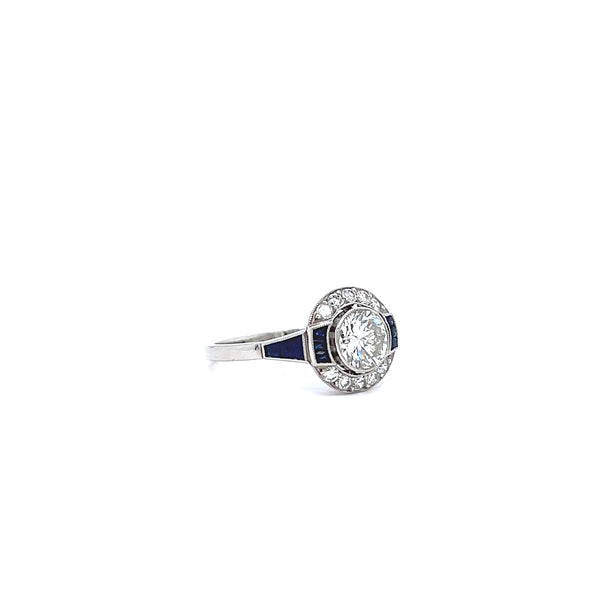 装饰艺术风格 0.92 克拉钻石蓝宝石铂金目标戒指