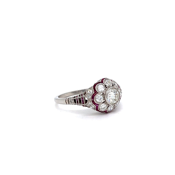 Art Deco Inspired 0.52 Carat Brilliant Cut Diamond Ruby Platinum Flower Filigree Ring