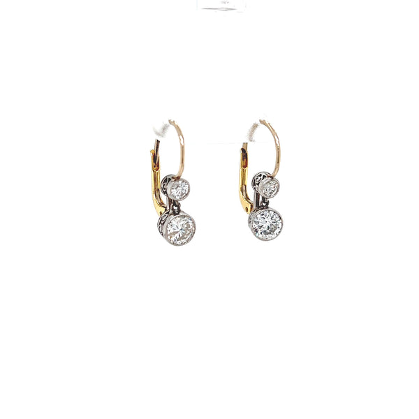 Antique Inspired 1.07 Carat Diamond Platinum 18 Karat Yellow Gold Drop Earrings