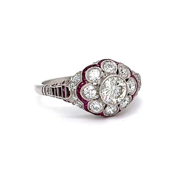 Art Deco Inspired 0.52 Carat Brilliant Cut Diamond Ruby Platinum Flower Filigree Ring Rings Jack Weir & Sons   