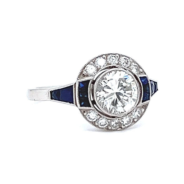 Art Deco Inspired 0.92 Carat Diamond Sapphire Platinum Target Ring Rings Jack Weir & Sons   