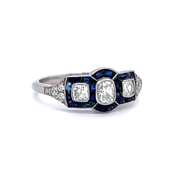 Art Deco Inspired 0.30 Carat Old Cut Diamond Sapphire Platinum Three Stone Ring