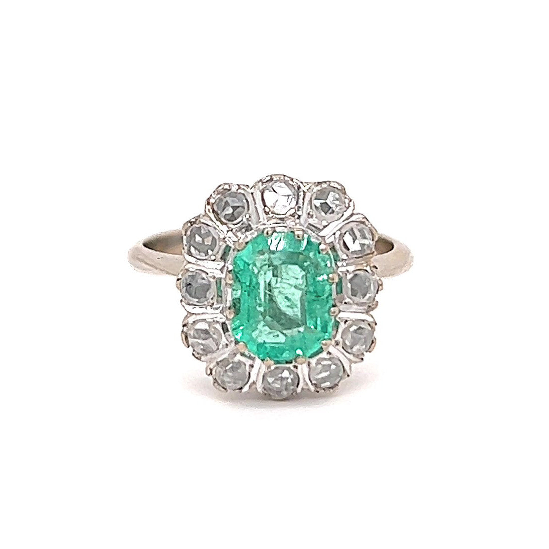 Vintage 1.15 Carat Emerald Diamond 18 Karat White Gold Cluster Ring Rings Jack Weir & Sons   