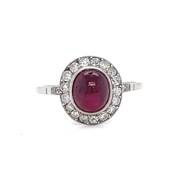 Art Deco Inspired 2.40 Carats Cabochon Ruby Diamond Platinum Ring  Jack Weir & Sons   