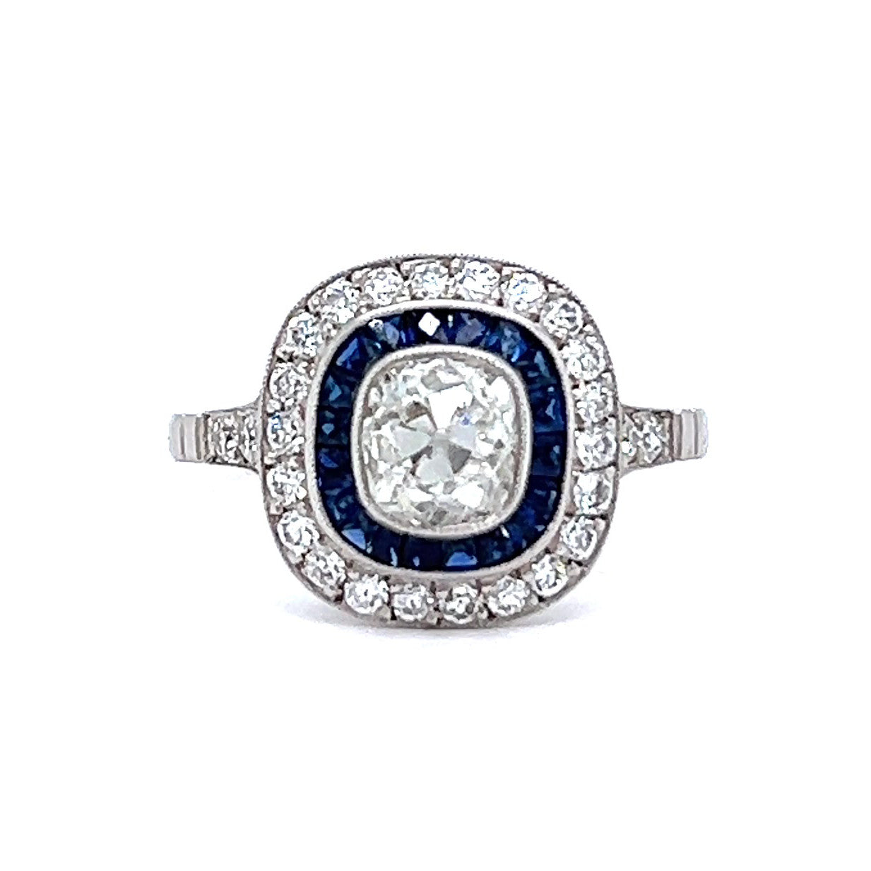 Art Deco Inspired 0.99 Carat Old Mine Cut Diamond Sapphire Platinum Target Ring Rings Jack Weir & Sons   
