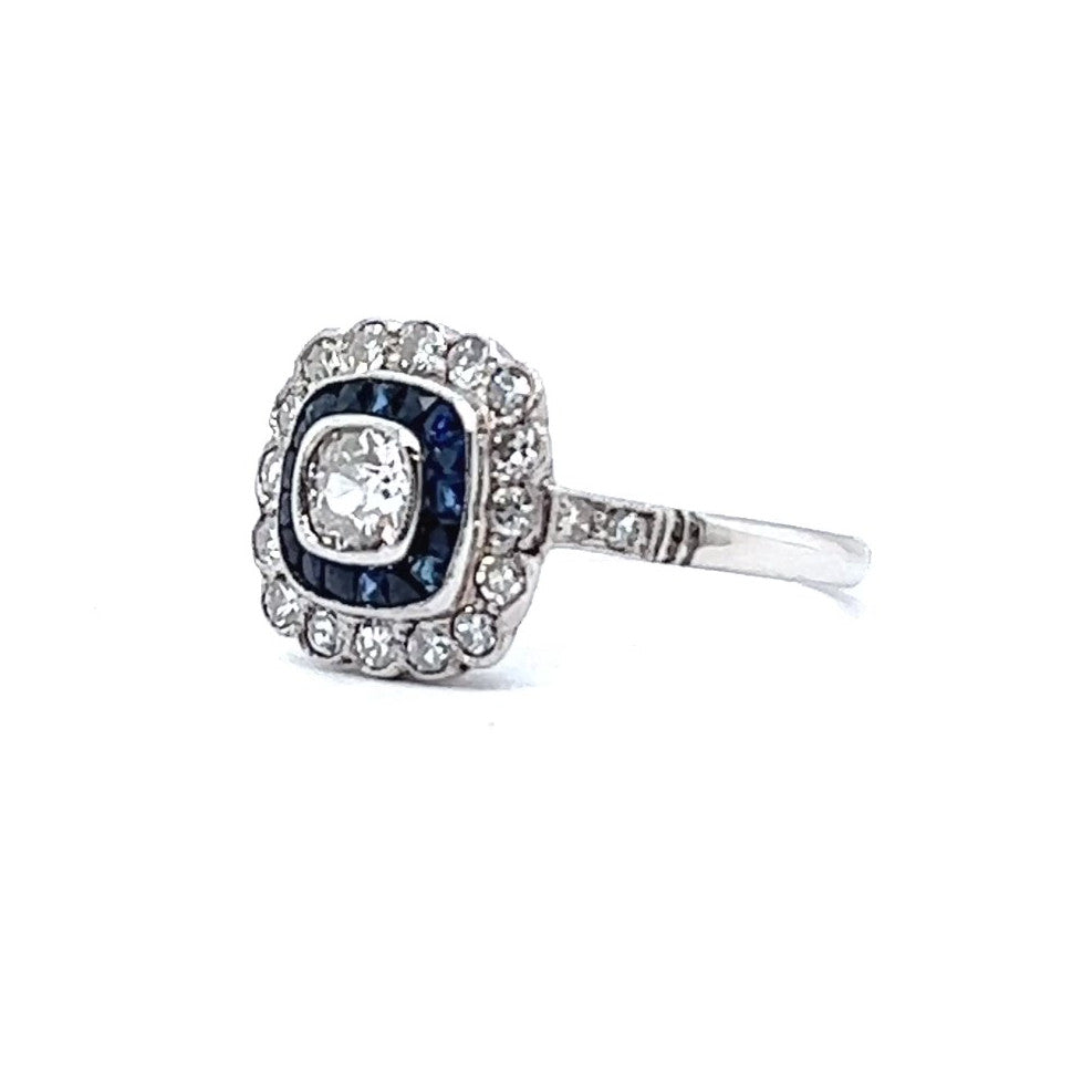 Art Deco Inspired Old Mine Cut Diamond Sapphire Halo Ring Rings Jack Weir & Sons   