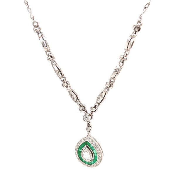 Art Deco Inspired 0.10 Carat Pear Shape Diamond Emerald Platinum Drop Necklace Necklaces Jack Weir & Sons   