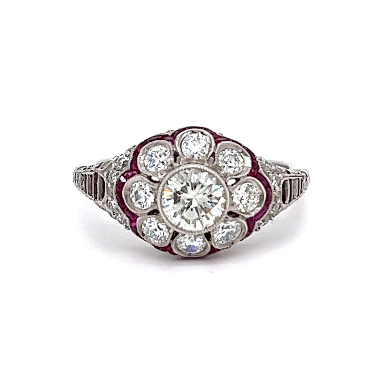 Art Deco Inspired 0.52 Carat Brilliant Cut Diamond Ruby Platinum Flower Filigree Ring
