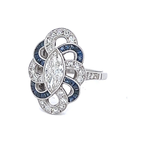Art Deco Inspired 0.72 Carat Marquise Cut Diamond Sapphire Platinum Ring Rings Jack Weir & Sons   