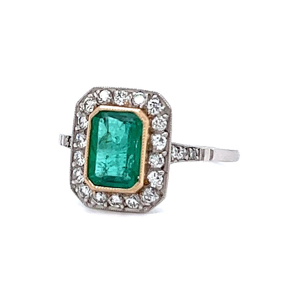 Art Deco Inspired 0.77 Carat Emerald Diamond Platinum Ring
