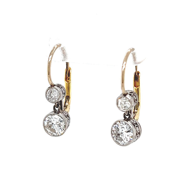 Antique Inspired 1.07 Carat Diamond Platinum 18 Karat Yellow Gold Drop Earrings Earrings Jack Weir & Sons   