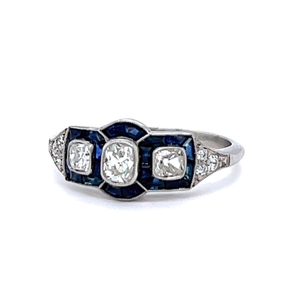 Art Deco Inspired 0.30 Carat Old Cut Diamond Sapphire Platinum Three Stone Ring