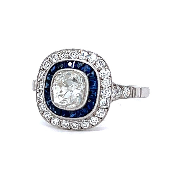 Art Deco Inspired 0.99 Carat Old Mine Cut Diamond Sapphire Platinum Target Ring Rings Jack Weir & Sons   