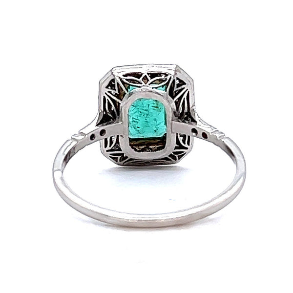 Art Deco Inspired 0.77 Carat Emerald Diamond Platinum Ring