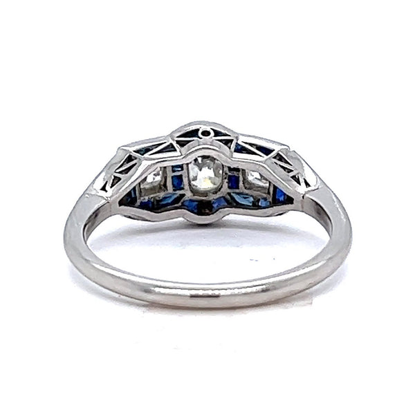 Art Deco Inspired 0.30 Carat Old Cut Diamond Sapphire Platinum Three Stone Ring Rings Jack Weir & Sons   