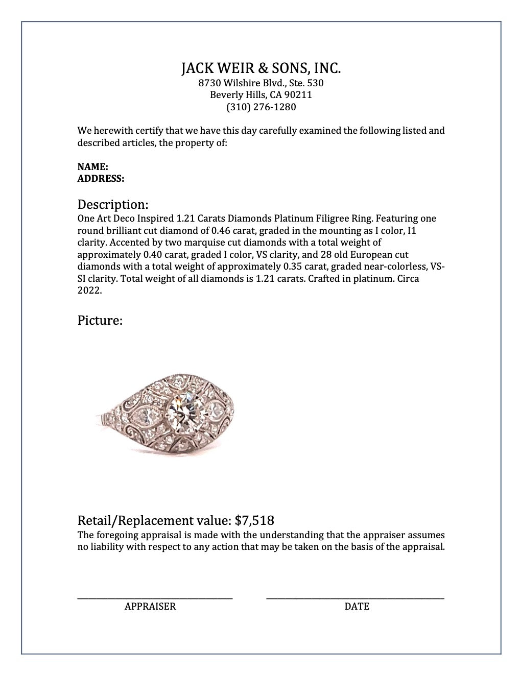 Art Deco Inspired 1.21 Carats Diamonds Platinum Filigree Ring Rings Jack Weir & Sons   